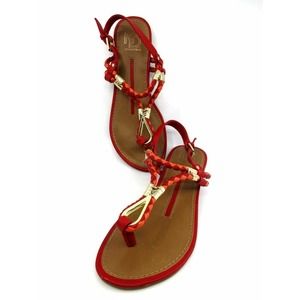 New Directions Tullia 2 Tone Red/Gold Woven Leather Ankle Strap Thong Sandals 7M